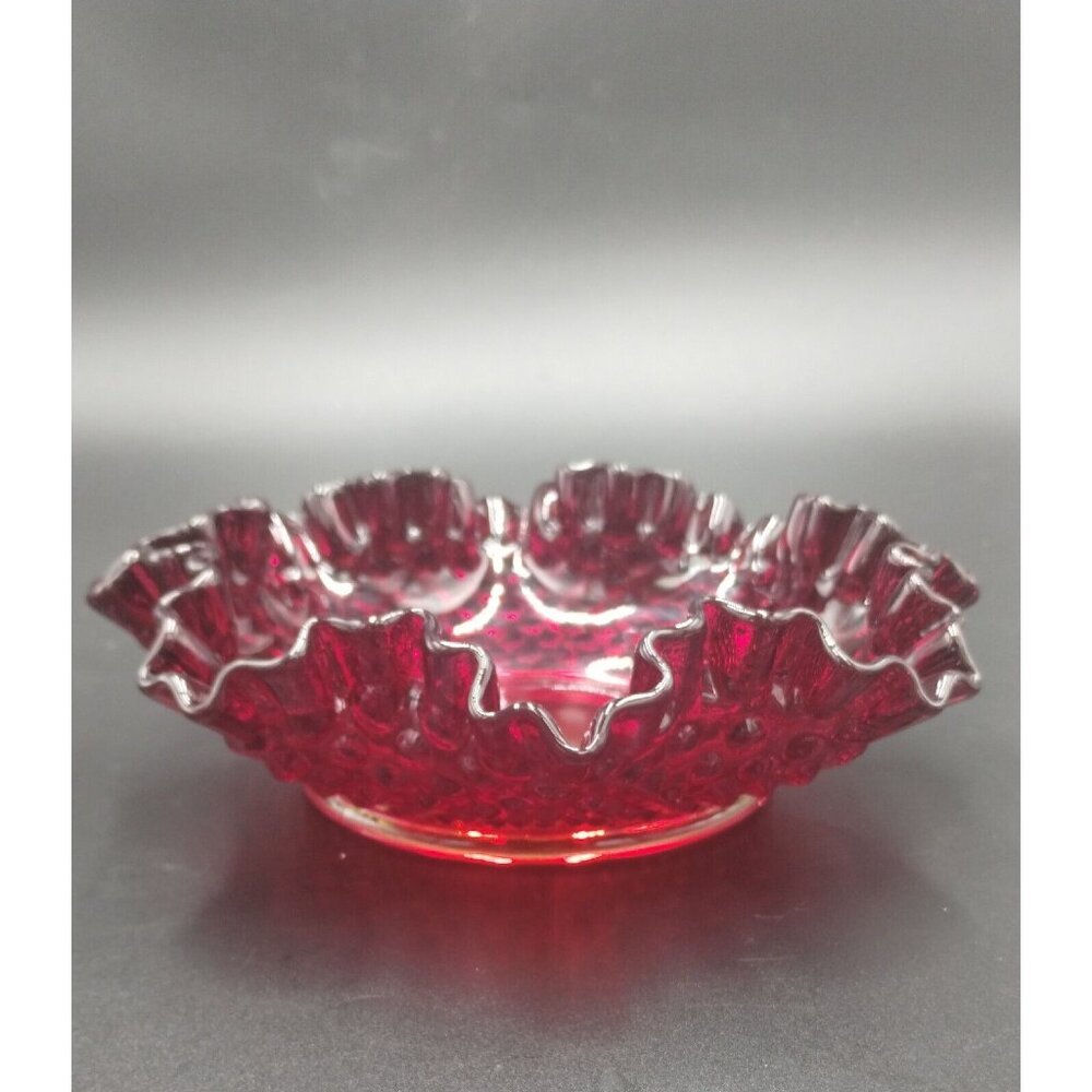 Fenton Hobnail Ruby Red Amberina Glow Ruffle Glass Candy Dish